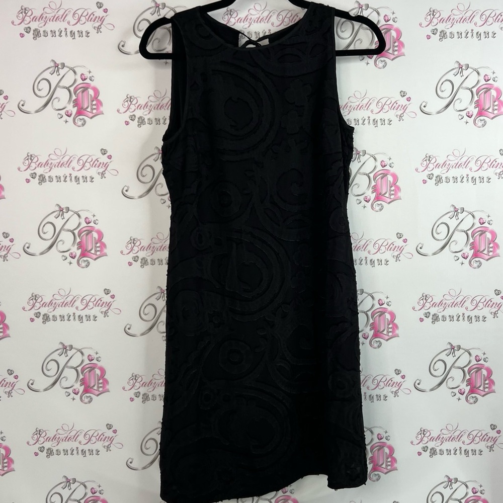LOFT dress floral swirl print tie up ribbon ties Black Textured Mini Dress